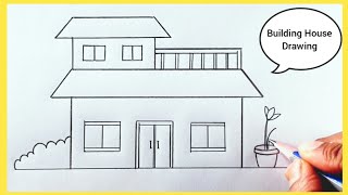 5 Steps Beautiful Building House || Pencil Drawing | Easy House Drawing Tutorial | Drawing For kids 