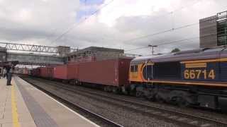 GBRf Class 66 714 takes the Up Fast line through Stafford Station with a southbound intermodal