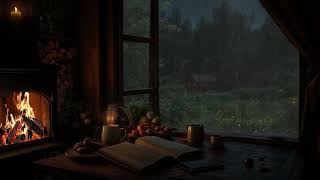 No Ads 🌧️ Soft Spring Rain on Glass Window | Cozy Fireplace Sounds for Relaxation