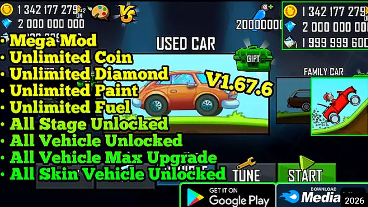 hill climb racing mod menu 2026 - hill climb racing mod apk 2026 unlimited gems & coins🤑