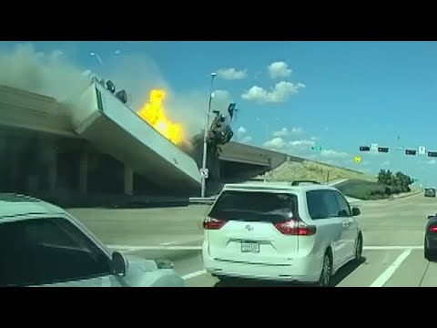 Dash camera: One dead after semi-truck flies off overpass in Allen, Texas