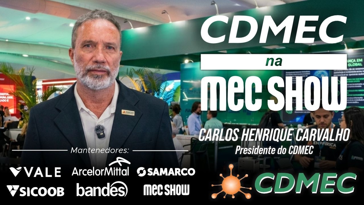Estande verde do CDMEC com o letreiro Ilha da Inovação, cheio de visitantes durante a Mec Show 2026, em Serra (ES).