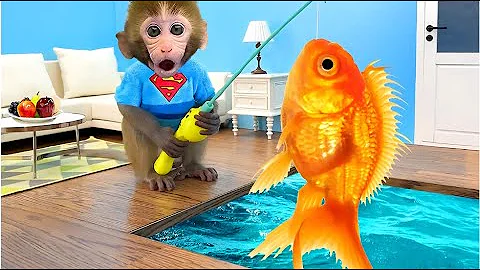 Monkey Baby Bon Bon goes shark fishing and eats watermelon and ducklings in the garden