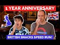 American Father & Son React to British Snack Speed Run - 1 Year Anniversary! 10 Snacks in 10 Minutes