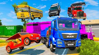 Double Flatbed Trailer Tractor rescue Bus  Cars vs Stairs Colors  Cars vs Trains & Rail  BeamNG