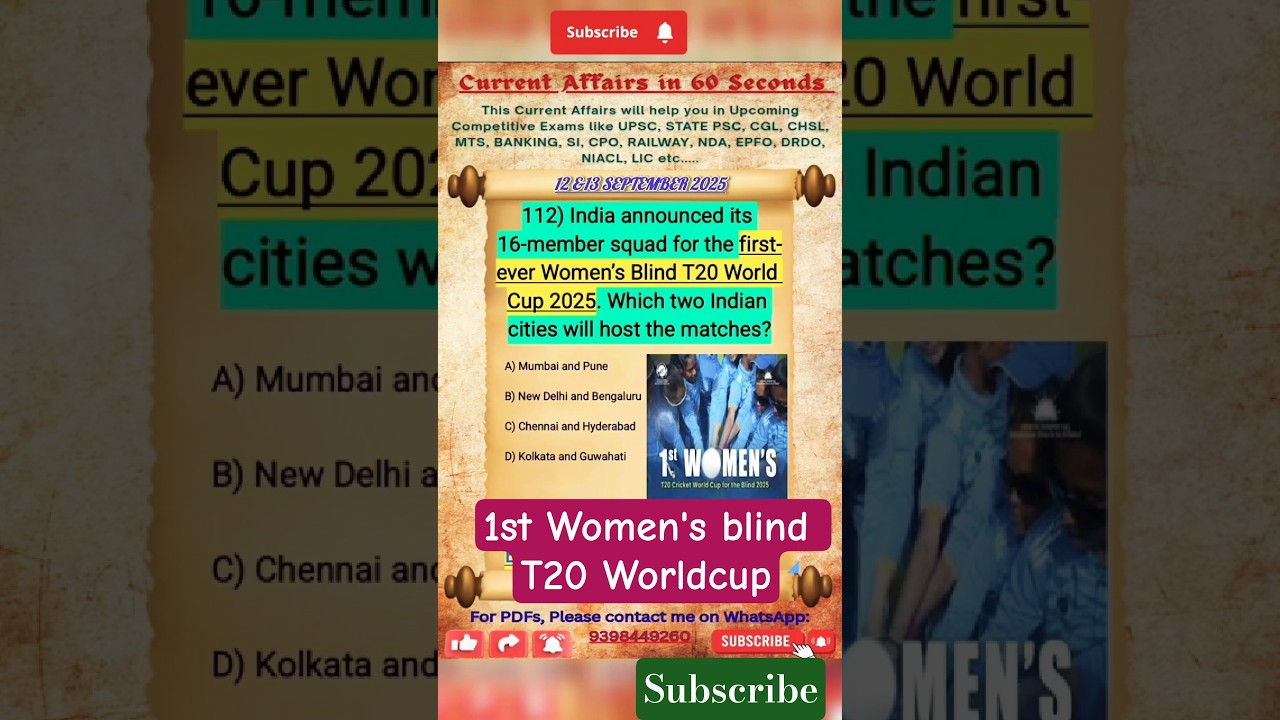 12&13 sep2025 currentaffairs|1st women’s blind T20 World Cup|