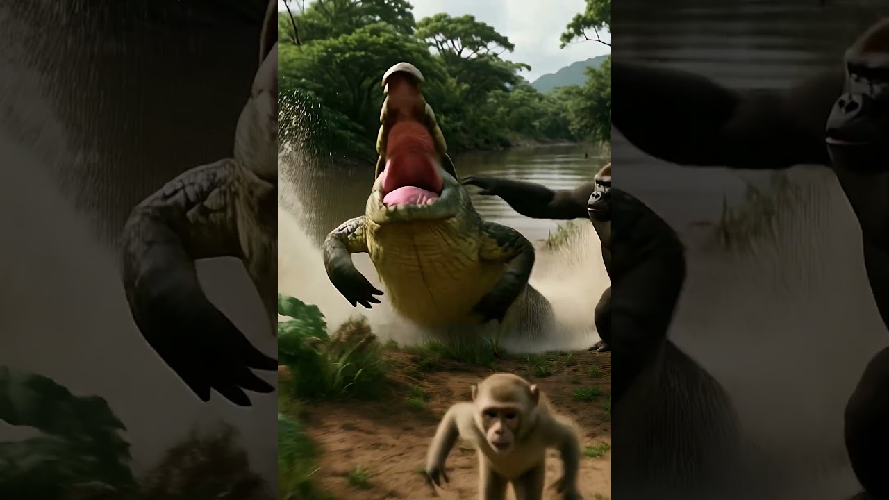 Crocodile Crawls Up? Gorilla Blocks 🦍🐊🐒 Monkey Laughs Waving 😂🌊