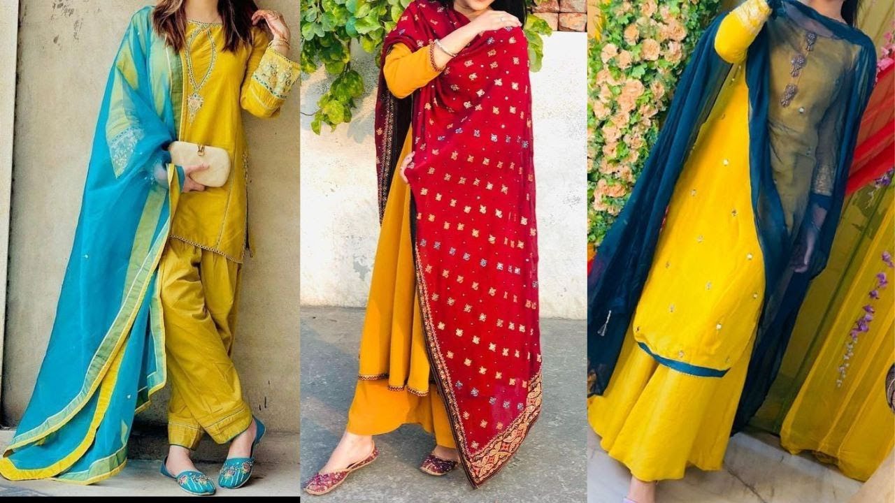 Yellow Suit With Contrast Dupatta ideas/yellow suit color combination ideas