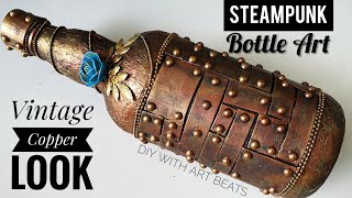 STEAMPUNK Bottle Art / Vintage Copper Look / Glass Bottle Decoration / Home Decor