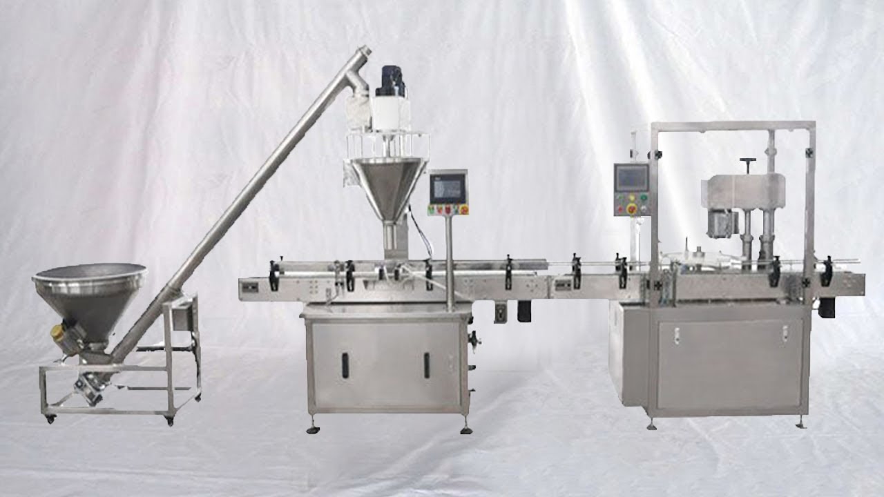 powder PET cans filling sealing MC automatic linear type filler sealer canning equipment 全自動粉劑罐裝線