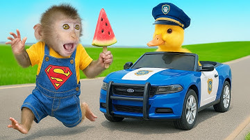 Baby Monkey Momo Fleeing with a watermelon popsicle — the police duck is on my tail! | Monkey Momo