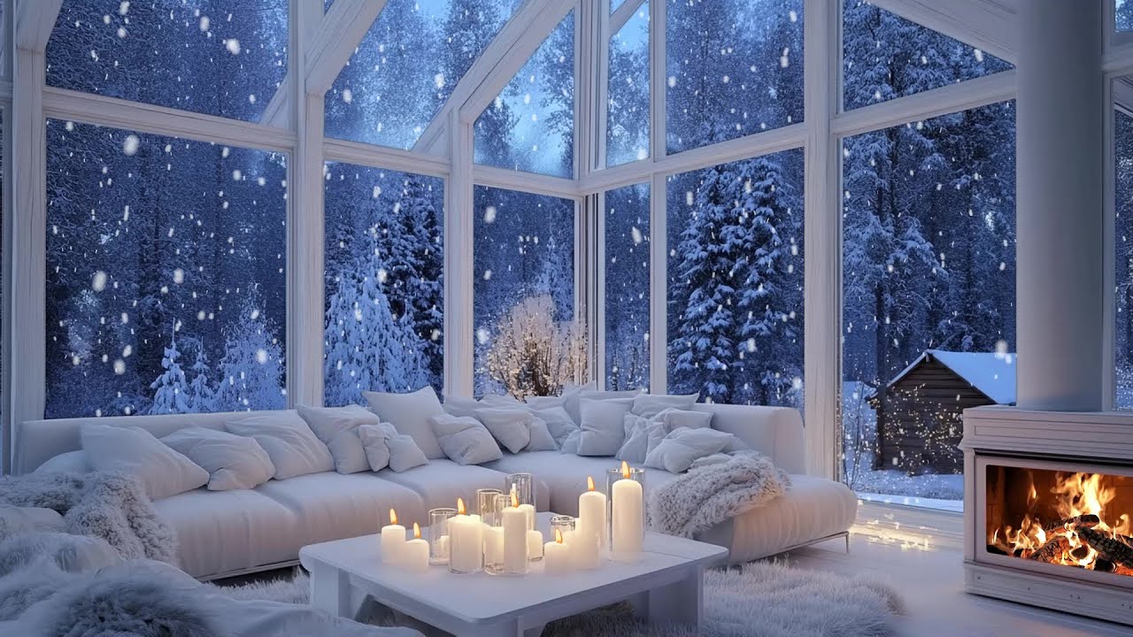 🎹 ❄️ Winter Piano Minimal White Room | Snowy Window Fireplace Light | Deep Focus Meditation