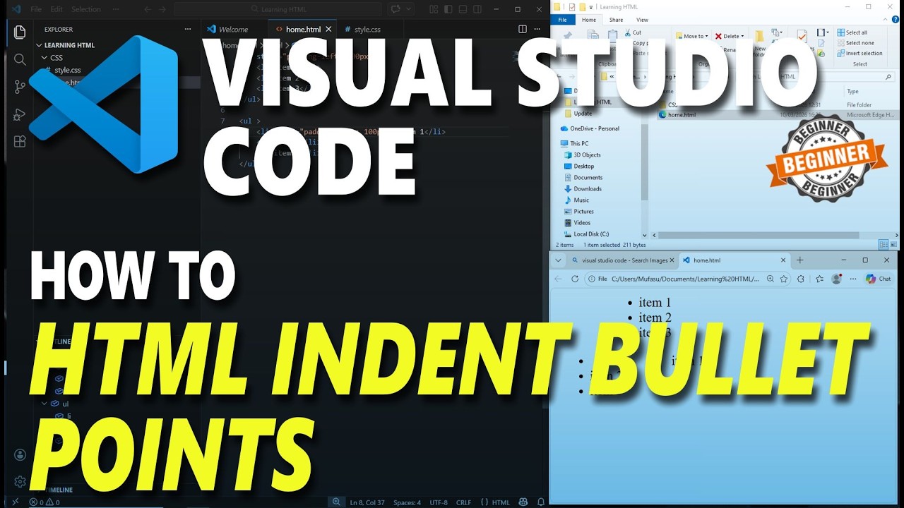 Visual Studio Code HTML How To Indent Bullet Point - YouTube