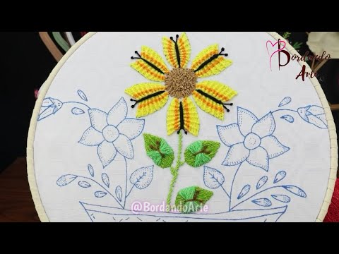 BORDADO FANTASÍA GIRASOL Y HOJAS MARIPOSA | HAND EMBROIDERY EASY STITCH NEW DESIGN