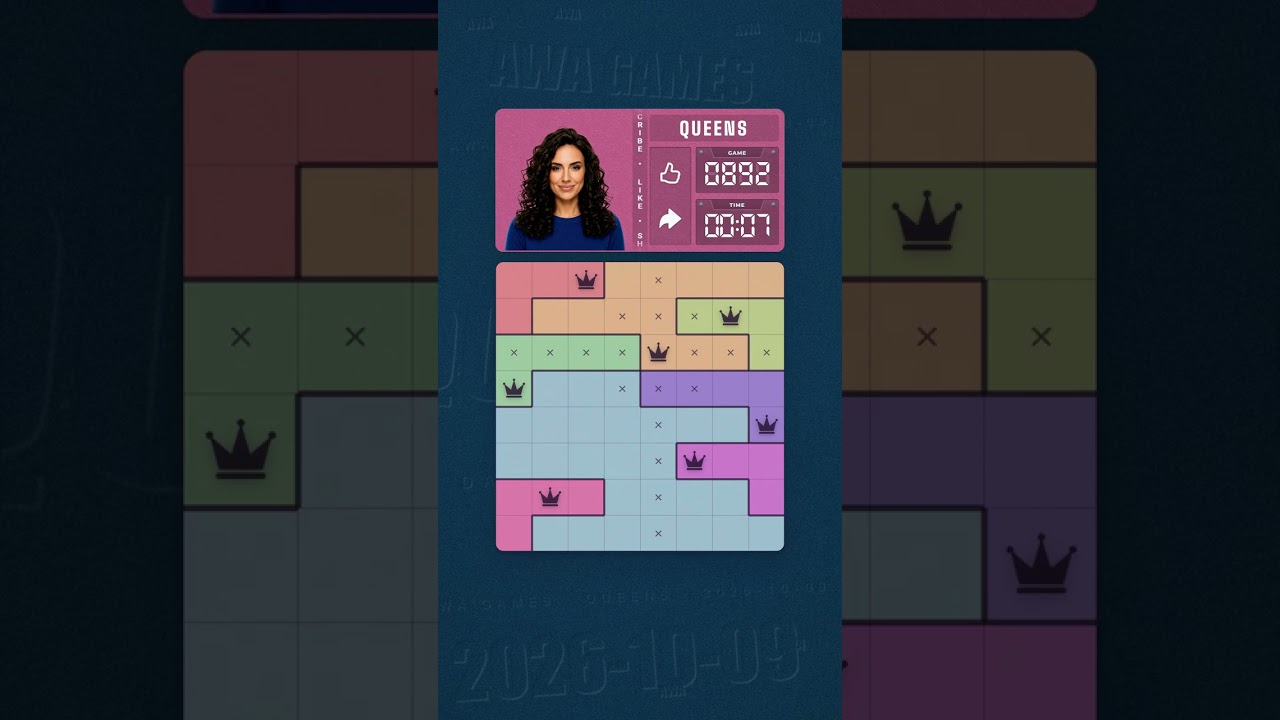 LinkedIn Queens #892 solved board for October 9, 2026, 8x8 grid
