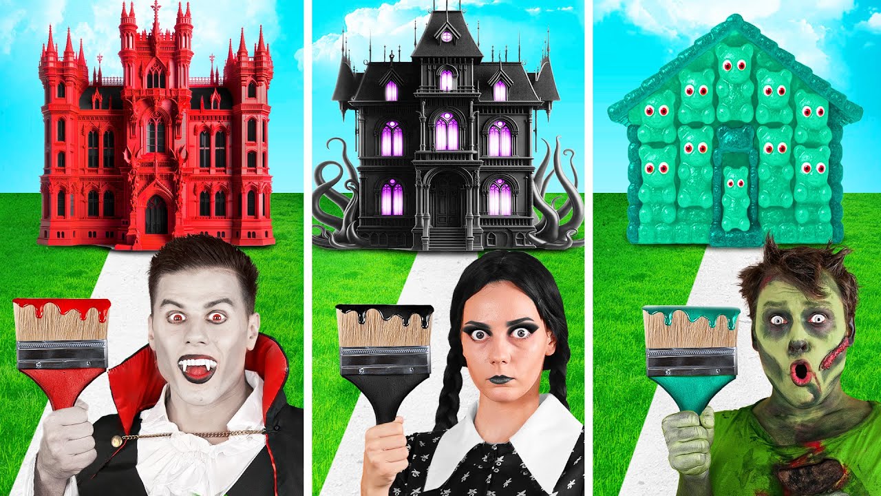 Домики Одного Цвета Челлендж Уэнсдей vs Вампир vs Зомби | Простые Трюки для Декора от Fun Teen