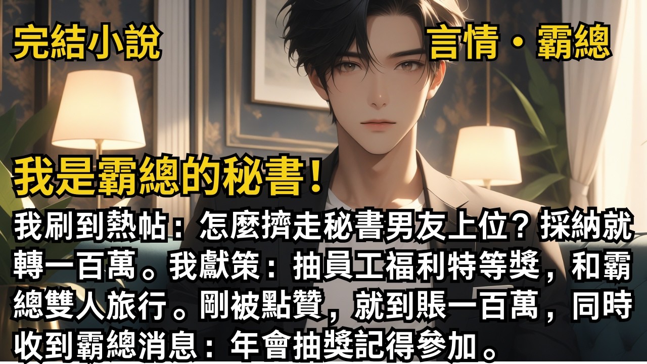 【完結小說】我是霸總的秘書！我刷到熱帖：怎麼擠走秘書男友上位？我獻策：抽員工福利特等獎，和霸總雙人旅行。剛被點贊，就收到霸總消息：年會抽獎記得參加。#一口氣看完 #小說 #故事 #完結 #甜文 #霸總