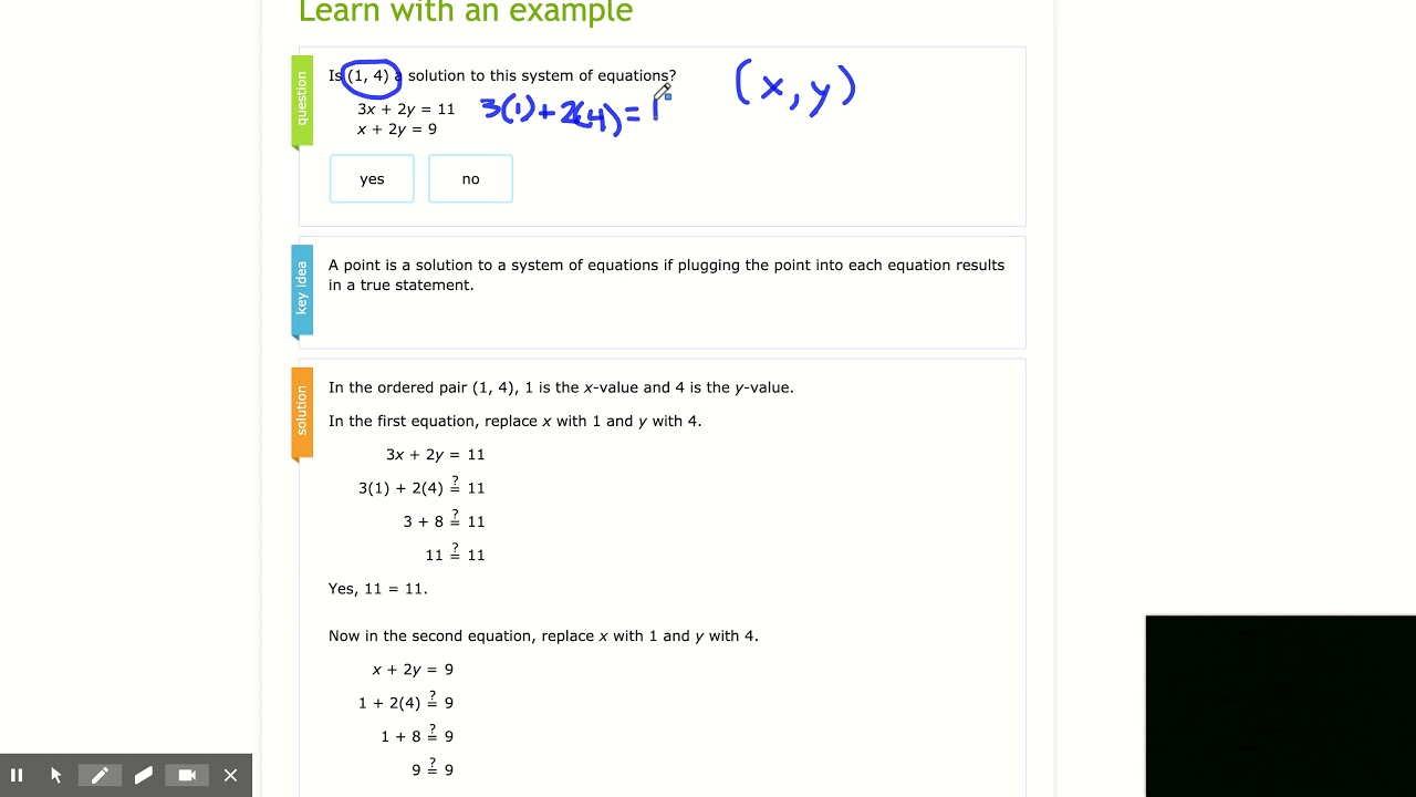IXL | Is (x, y) a solution to the system of equations? | 8th grade math ...