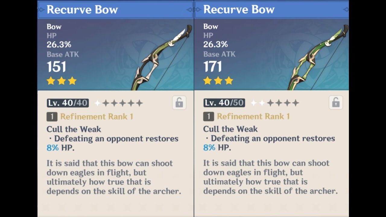 Recurve Bow weapon appearance base vs. ascended in Genshin Impact YouTube