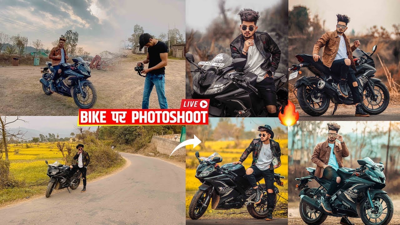 Cheerful biker poses to have break after driving, poses near black motorbike,  holds protective helmet, yellow trees and leaves around, enjoys good  weather. Autumn season. Urban lifestyle. Outdoor shot 7909340 Stock Photo