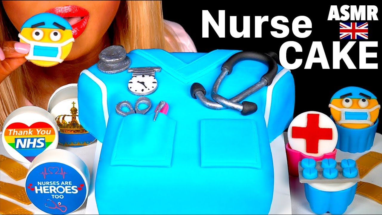 ASMR EATING CAKE HERO NURSE THEME, EDIBLE FACE MASK, PLASTER, STETHOSCOPE, TOP, PEN, PILLS MUKBANG먹방