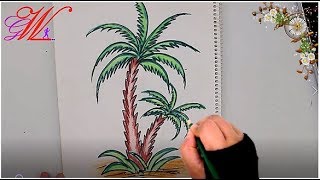 طريقة رسم وتلوين نخلة \ How to Draw an Easy Palm Tree Step by Step