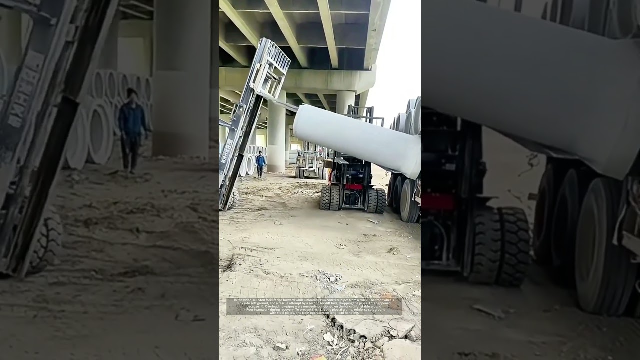 Heavy Concrete Pipes Crash as Forklift Tips Over on Soft Ground 🏗️⚠️