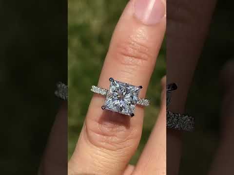 Princess cut Moissanite Diamond Pave Basket Engagement Ring with 2mm Band ring video