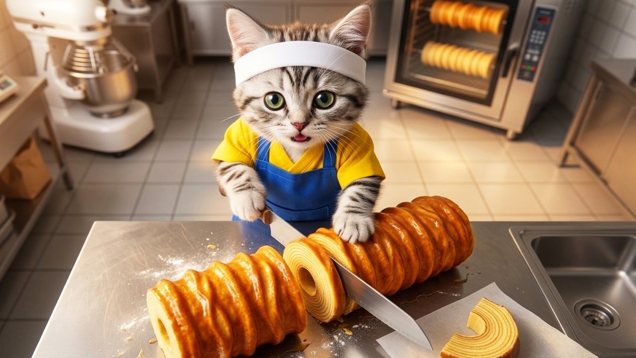 いらっしゃいませ!!バウムクーヘン職人修行中!!まるりんの一日に密着🐱🍰