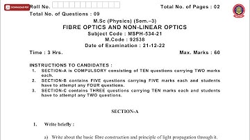 MSC 3RD SEM PHYSICS FIBRE OPTICS AND NON LINEAR OPTICS DEC 2022 | PTU
