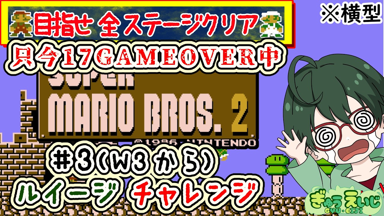 189_横型　【スーパーマリオ2】　その3(W3から)  ルイージチャレンジ！　ワープなしで全ステージ制覇するぞー　#スーパーマリオ2