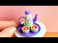 Miniature teapot and cups with lavender pattern💜