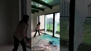 The construction site where workers break tempered glass