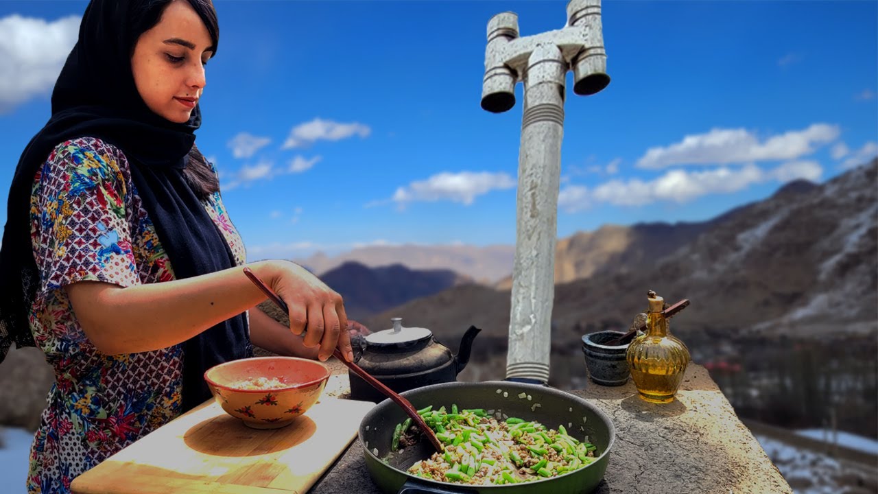Savory Green bean pilaf with meat on Mud oven
