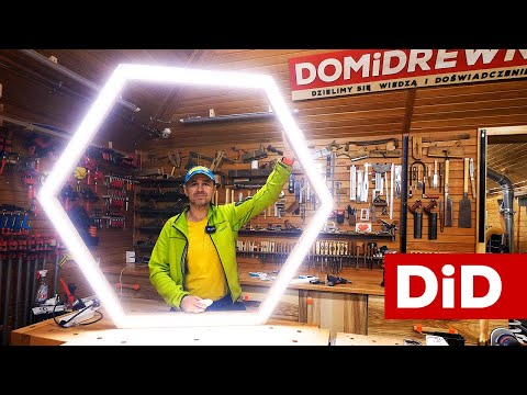 976. Drewniana, sześciokątna wisząca lampa LED DIY