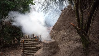 Four Survival shelter building from start to finish. Stone fireplace with chimney. Bushcraft skills