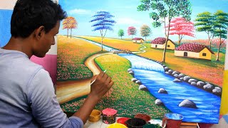 Riverside village scenery painting | indian village nature drawing painting | paint with biswanath