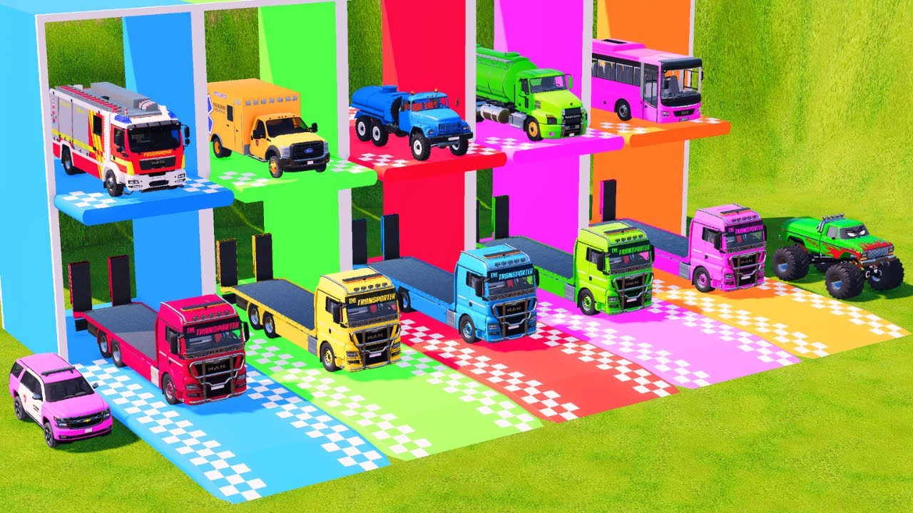 Poczwórne ciężarówki z autami na lawetach | Auta vs Próg vs Pociąg vs Dziura #20