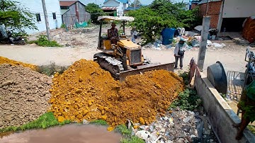 Nicely! Start Project Landfill By Best Driver 5Ton Truck Unloading Soil With Skill Bulldozer Pushing