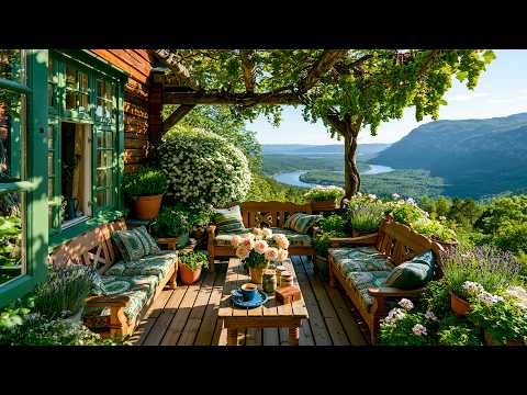 Summer Terrace Morning 🍇🍃 Birdsong, Lake View & Calm Nature Sounds for Rest & Relax, Relaxing ASMR
