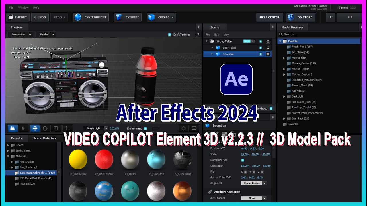 After Effects 2024 _ Element 3D v2.2.3 _ 3D Model Pack