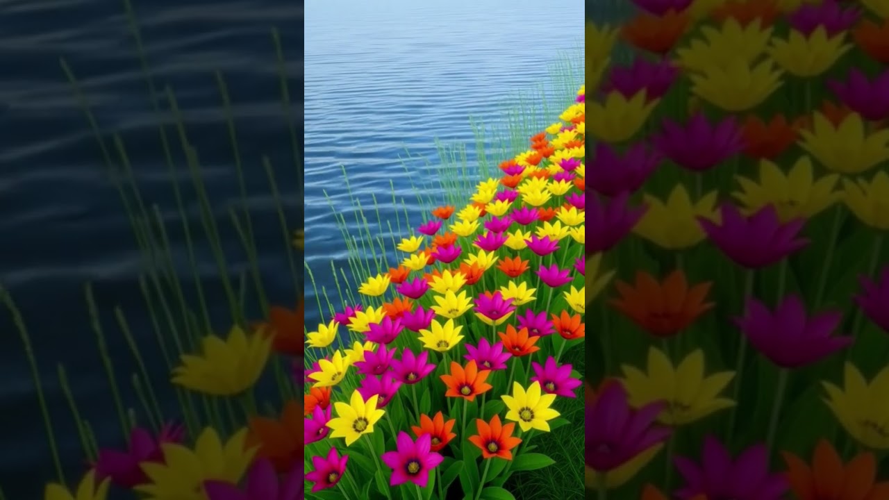 Vibrant blooms lining the lake—colorful embrace! 🌺💙 
