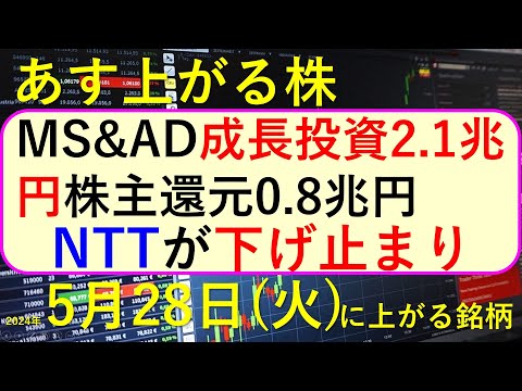 あす上がる株　2024年５月２８日（火）に上がる銘柄　MS＆ADの株主還元、NTTの下げ止まり～最新の日本株での株式投資。高配当株やデイトレ情報も～