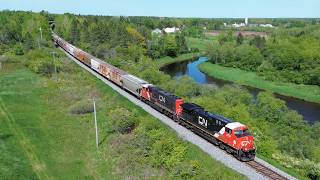 Awesome Aerial 4K View! Nice Power on a Long Potash Train CN 730 w/Rear DPUs near River Glade, NB