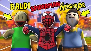 What if Spiderman, The Neighbor and Baldi WERE BEST FRIENDS!!! | Human Fall Flat screenshot 4