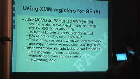 fasmcon 2007 - Madis Kalme: SSE registers for general purpose, SIMD with general-purpose registers