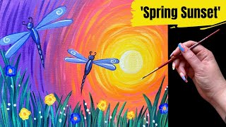 EP152 'Spring Sunset' easy dragonfly springtime acrylic painting tutorial for beginners