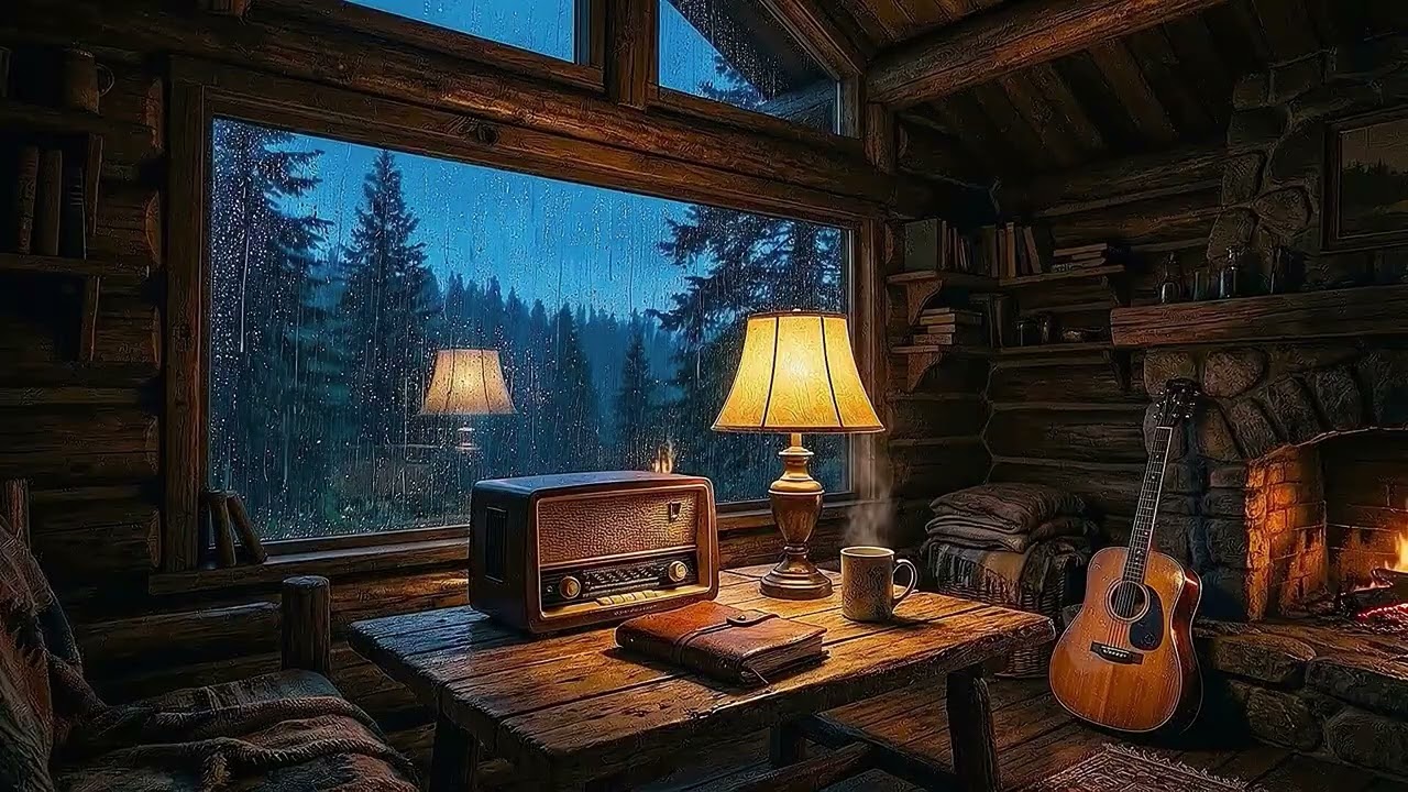 Cozy Rainy Evening in a Cabin 🌧️ Heavy Rain & Soft Acoustic Guitar from a Vintage Radio [3 Hours]