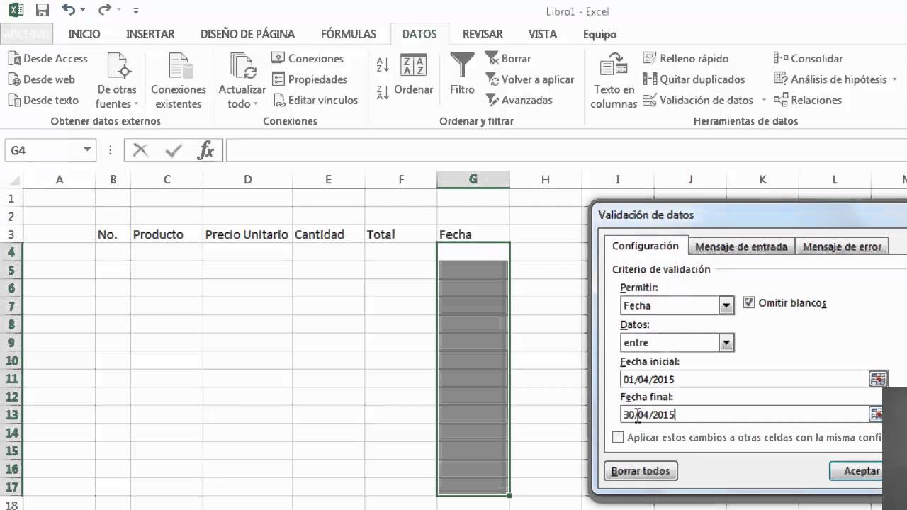 Excel 2013, validar datos (fechas) - YouTube