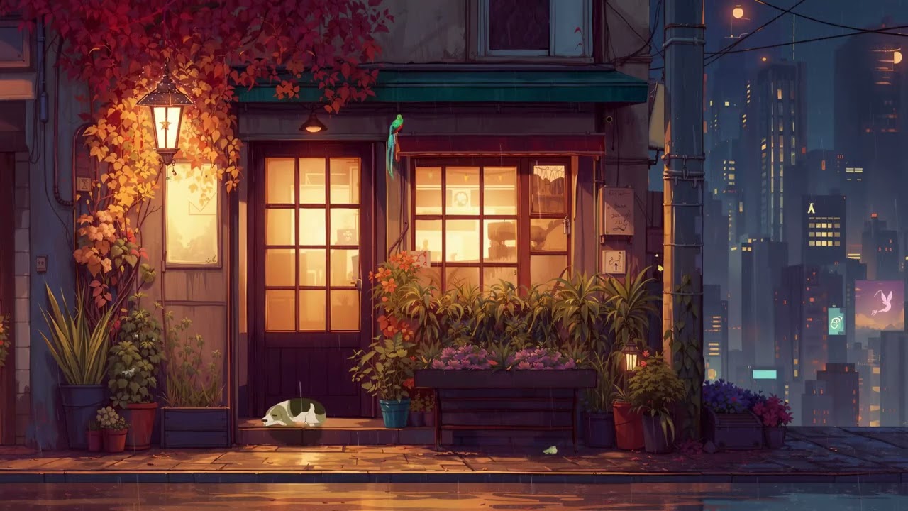 Rainy Night in the Lofi City - Cozy Cafe Porch 🌧️✨ Relaxing Music for Study/Relax | Lofi Hip Hop